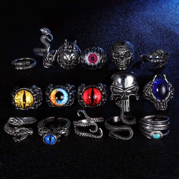 16 Pieces Vintage Punk Rings for Men Women Gothic Rings Silver Black Dragon Snak - Picture 6 of 7